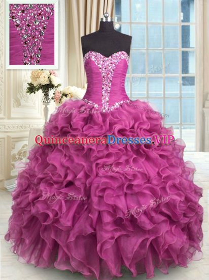 Rose Pink Sweetheart Neckline Beading and Ruffles Quinceanera Dress Sleeveless Lace Up - Click Image to Close