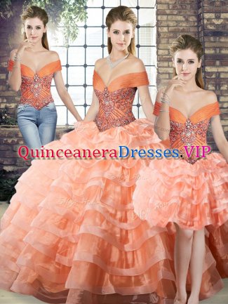Peach Quinceanera Dress Military Ball and Sweet 16 and Quinceanera with Beading and Ruffled Layers Off The Shoulder Sleeveless Brush Train Lace Up