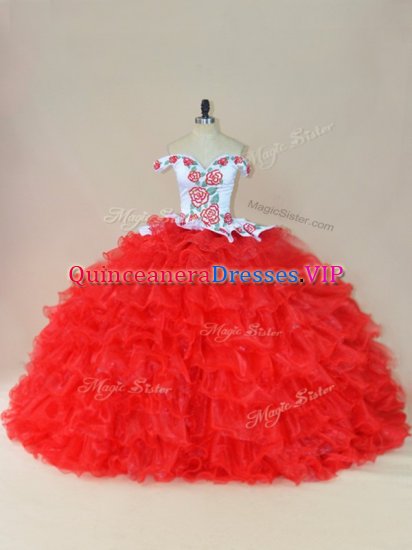Customized Organza Off The Shoulder Sleeveless Brush Train Lace Up Embroidery and Ruffles Quinceanera Gown in White And Red - Click Image to Close