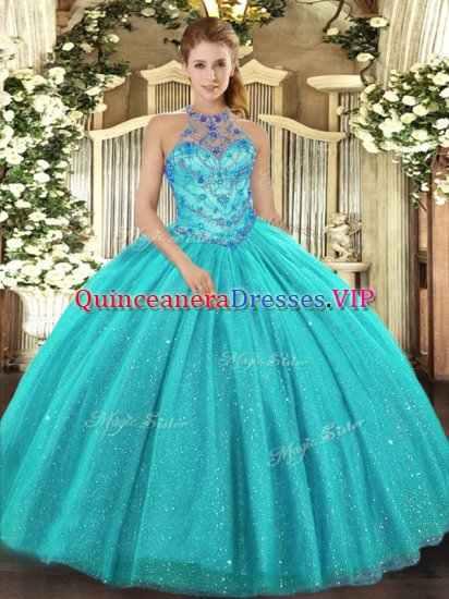 Affordable Ball Gowns Quince Ball Gowns Aqua Blue Halter Top Tulle Sleeveless Floor Length Lace Up - Click Image to Close