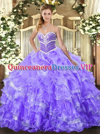 Pretty Lavender Sleeveless Floor Length Beading and Ruffled Layers Lace Up Ball Gown Prom Dress