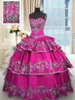 Luxurious Floor Length Fuchsia 15th Birthday Dress Satin Sleeveless Embroidery and Ruffled Layers