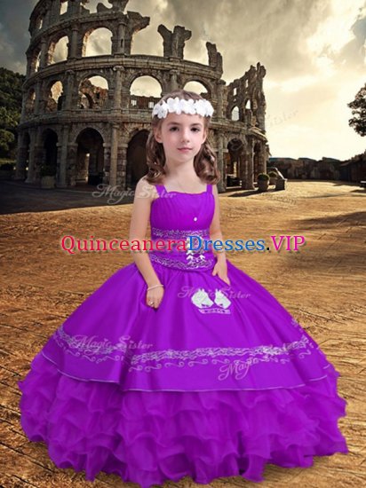 Beauteous Purple Satin and Organza Zipper Little Girls Pageant Dress Sleeveless Floor Length Embroidery and Ruffled Layers - Click Image to Close