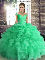 Vintage Turquoise Ball Gowns Organza Off The Shoulder Sleeveless Beading and Ruffles and Pick Ups Floor Length Lace Up Quinceanera Gown