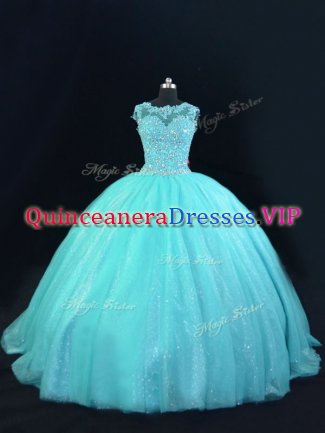 Aqua Blue Ball Gowns Tulle Scoop Sleeveless Beading and Lace Floor Length Lace Up Quinceanera Dress