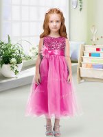 Rose Pink Organza Zipper Glitz Pageant Dress Sleeveless Tea Length Sequins and Hand Made Flower