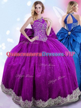 Flirting Halter Top Sleeveless Lace Up Floor Length Beading and Bowknot Ball Gown Prom Dress