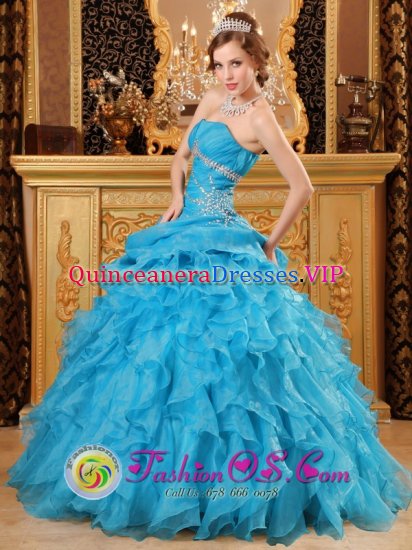 Poteau Oklahoma/OK Inexpensive Sky Blue Strapless Quinceanera Dress With Beading and Ruffles Decorate - Click Image to Close