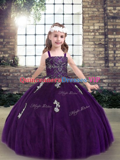 Trendy Purple Tulle Lace Up Straps Sleeveless Floor Length Pageant Dress for Teens Appliques - Click Image to Close