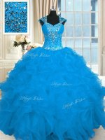 Affordable Organza Straps Cap Sleeves Lace Up Beading and Ruffles Quinceanera Dress in Aqua Blue