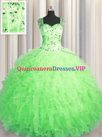 Cheap See Through Zipper Up Tulle Zipper Straps Sleeveless Floor Length Sweet 16 Quinceanera Dress Beading and Ruffles - Click Image to Close