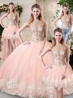 Glittering Peach Tulle Backless Quinceanera Dresses Sleeveless Floor Length Beading and Lace and Appliques