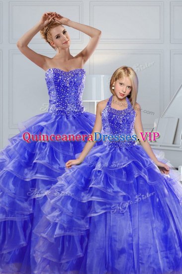 Superior Floor Length Blue Vestidos de Quinceanera Organza Sleeveless Beading and Ruffled Layers - Click Image to Close