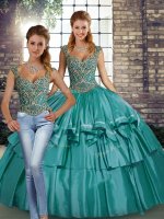 Teal Lace Up Straps Beading and Ruffled Layers Vestidos de Quinceanera Taffeta Sleeveless