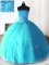 Sleeveless Floor Length Beading and Appliques Lace Up Sweet 16 Dress with Baby Blue