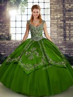 Traditional Floor Length Lace Up Quinceanera Gowns Olive Green for Military Ball and Sweet 16 and Quinceanera with Beading and Embroidery(SKU SJQDDT2135002-8BIZ)