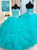 Aqua Blue Organza Lace Up Sweetheart Sleeveless Floor Length Vestidos de Quinceanera Beading and Ruffles