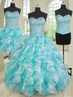 Designer Three Piece Blue And White Organza Lace Up 15 Quinceanera Dress Sleeveless Beading and Ruffles