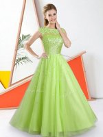 Yellow Green Tulle Backless Dama Dress for Quinceanera Sleeveless Floor Length Beading and Lace