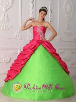 Wilmslow Cheshire Coral Red and Spring Green Appliques and Ruch Quinceanera Dress With Sweetheart Taffeta(SKU QDZY387y-1BIZ)