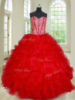 Red Organza Lace Up Sweetheart Sleeveless Floor Length Quince Ball Gowns Beading and Ruffles
