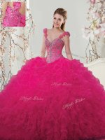Custom Fit Straps Sleeveless Lace Up Floor Length Beading and Ruffles and Hand Made Flower Quinceanera Gown