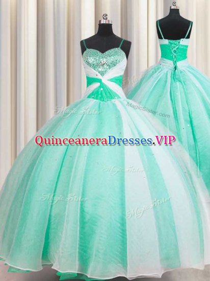 Spaghetti Straps Apple Green Ball Gowns Beading and Ruching Ball Gown Prom Dress Lace Up Organza Sleeveless Floor Length - Click Image to Close