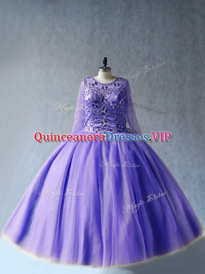 Sophisticated Long Sleeves Floor Length Beading Lace Up Quinceanera Gown with Lavender - Click Image to Close