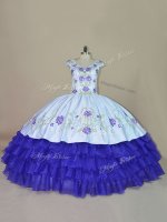High Class V-neck Sleeveless Quinceanera Gown Floor Length Embroidery and Ruffled Layers Blue and Purple Satin and Organza(SKU PSSW1166BIZ)