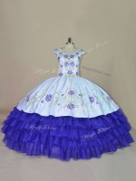 High Class V-neck Sleeveless Quinceanera Gown Floor Length Embroidery and Ruffled Layers Blue and Purple Satin and Organza