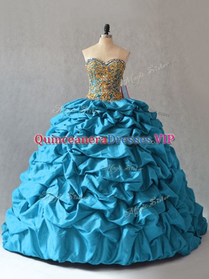 Deluxe Beading and Pick Ups Sweet 16 Dresses Aqua Blue Lace Up Sleeveless Brush Train - Click Image to Close
