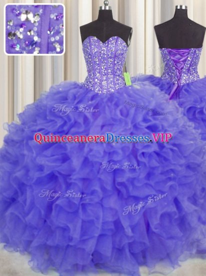 Visible Boning Organza Sleeveless Floor Length 15th Birthday Dress and Beading and Ruffles and Sashes ribbons - Click Image to Close