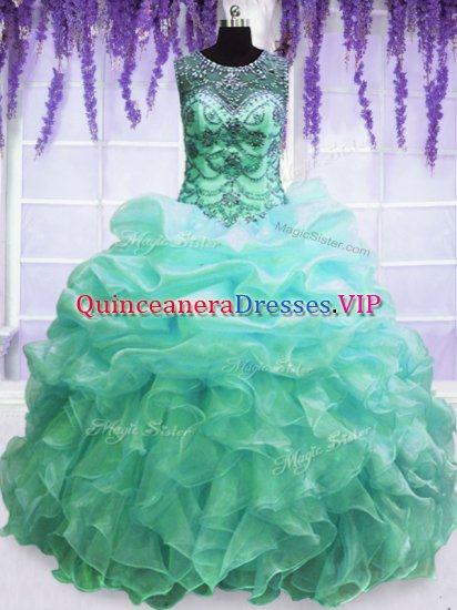 Fine Scoop Sleeveless Organza Floor Length Lace Up 15 Quinceanera Dress in Turquoise with Beading and Pick Ups - Click Image to Close