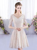 Mini Length Champagne Dama Dress for Quinceanera Half Sleeves Lace