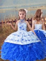 Blue And White Ball Gowns Beading and Embroidery and Ruffles Child Pageant Dress Lace Up Organza Sleeveless Floor Length(SKU XBLD025BIZ)