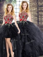 Floor Length Zipper Sweet 16 Quinceanera Dress Black for Military Ball and Sweet 16 and Quinceanera with Embroidery and Ruffles