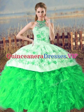Comfortable Embroidery and Ruffles Quince Ball Gowns Green Lace Up Sleeveless Court Train