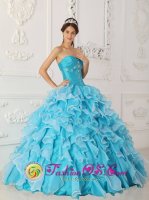 Peach Springs Beading and Ruched Bodice For Classical Sky Blue Sweetheart Quinceanera Dress With Ruffles Layered In Max North Dakota/ND