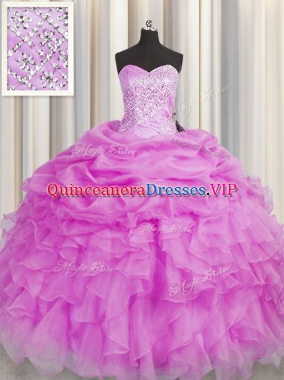 Modest Sleeveless Organza Floor Length Lace Up Quinceanera Gowns in Lilac with Beading and Ruffles - Click Image to Close