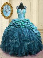Decent Teal Cap Sleeves With Train Beading and Ruffles and Pick Ups Lace Up Quince Ball Gowns