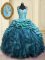 Decent Teal Cap Sleeves With Train Beading and Ruffles and Pick Ups Lace Up Quince Ball Gowns