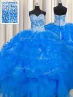 Custom Designed Visible Boning Beaded Bodice Blue Ball Gowns Sweetheart Sleeveless Organza Floor Length Lace Up Beading and Ruffles Quinceanera Dress