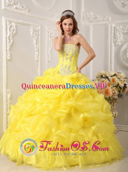 Castelldefels Spain Yellow Beaded Appliques Decorate Bodice Hand Made Flower Pick-ups Ball Gown Quinceanera Dress For Sweet 16 - Click Image to Close