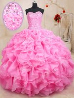 Rose Pink Organza Lace Up Sweetheart Sleeveless Floor Length Quinceanera Gown Beading and Ruffles