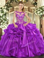 Flirting Eggplant Purple Lace Up Scoop Appliques and Ruffles 15th Birthday Dress Organza Cap Sleeves