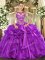 Flirting Eggplant Purple Lace Up Scoop Appliques and Ruffles 15th Birthday Dress Organza Cap Sleeves