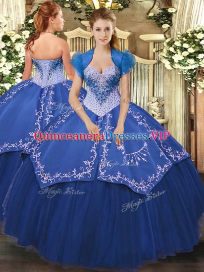 Top Selling Blue Satin and Tulle Lace Up Quinceanera Dress Sleeveless Floor Length Beading and Embroidery - Click Image to Close