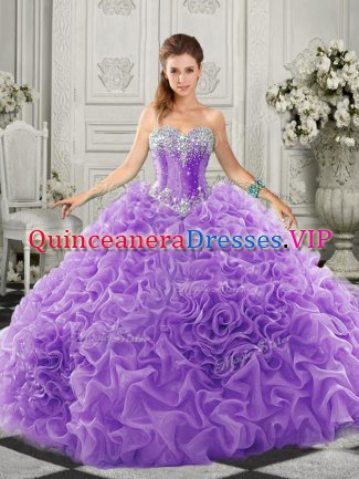 Lavender Ball Gowns Beading and Ruffles 15th Birthday Dress Lace Up Organza Sleeveless