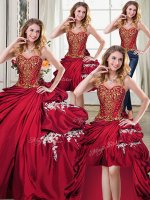 Four Piece Wine Red Ball Gowns Sweetheart Sleeveless Taffeta Floor Length Lace Up Beading and Appliques and Pick Ups Quince Ball Gowns