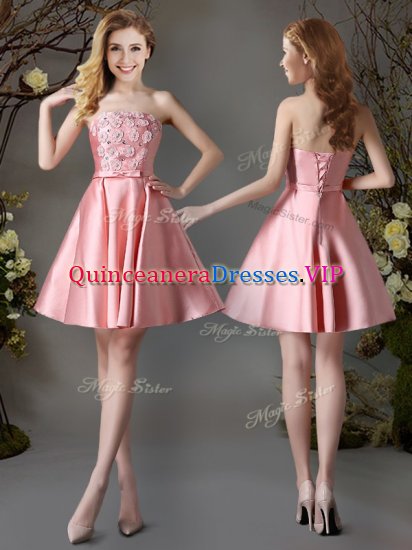 Pink Satin Lace Up Strapless Sleeveless Mini Length Quinceanera Dama Dress Appliques and Bowknot - Click Image to Close